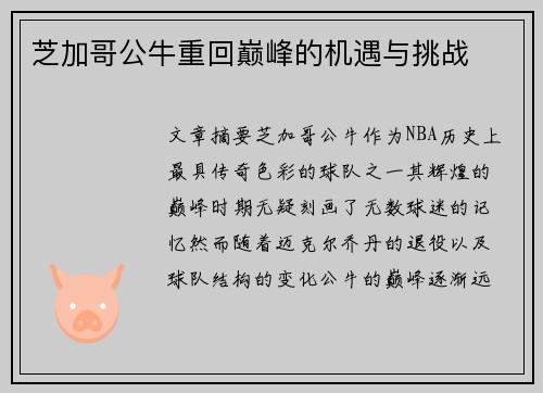 芝加哥公牛重回巅峰的机遇与挑战